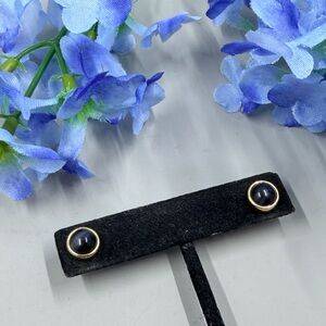 Dark Blue Cats Eye Stone and Gold Plated Round Stud Earrings